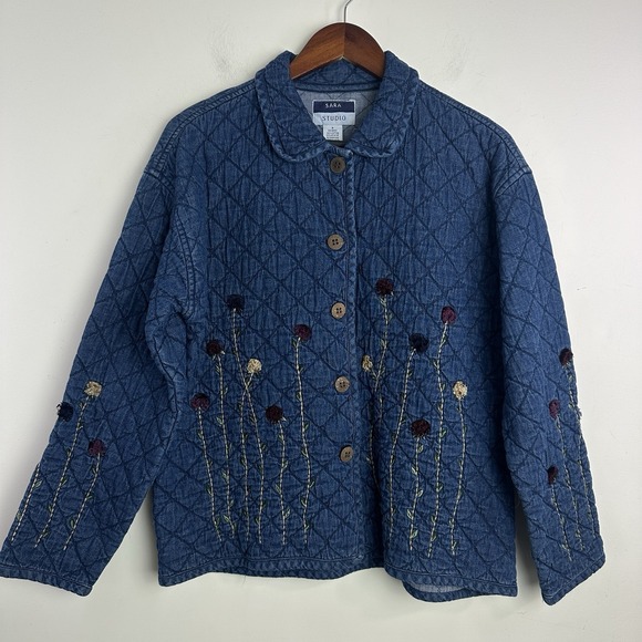Sara Studio Jackets & Blazers - Vintage Quilted Denim Jacket Womens Small Blue Floral‎ Embroidered 90s Buttons
